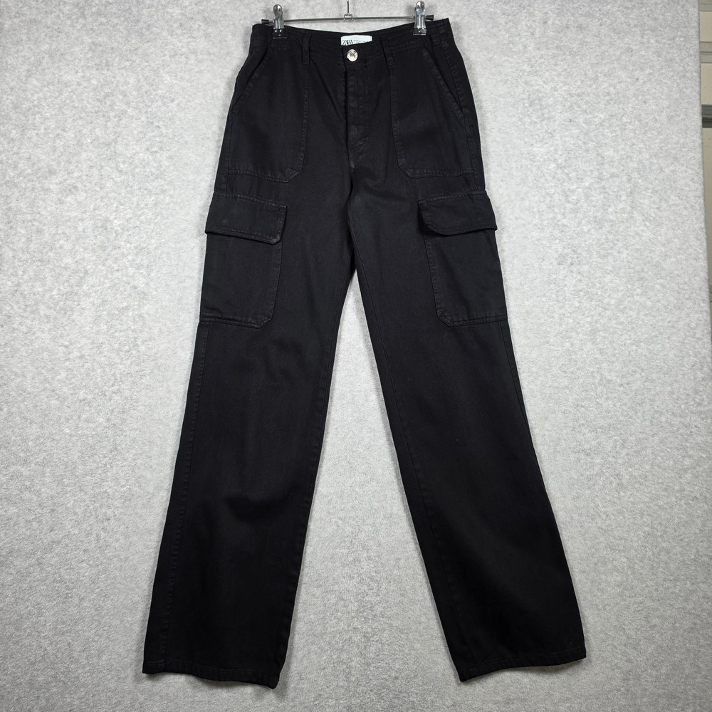 Zara Cargo Pants Womens Size 4 Black High Rise Straight Fit Utility Twill Street